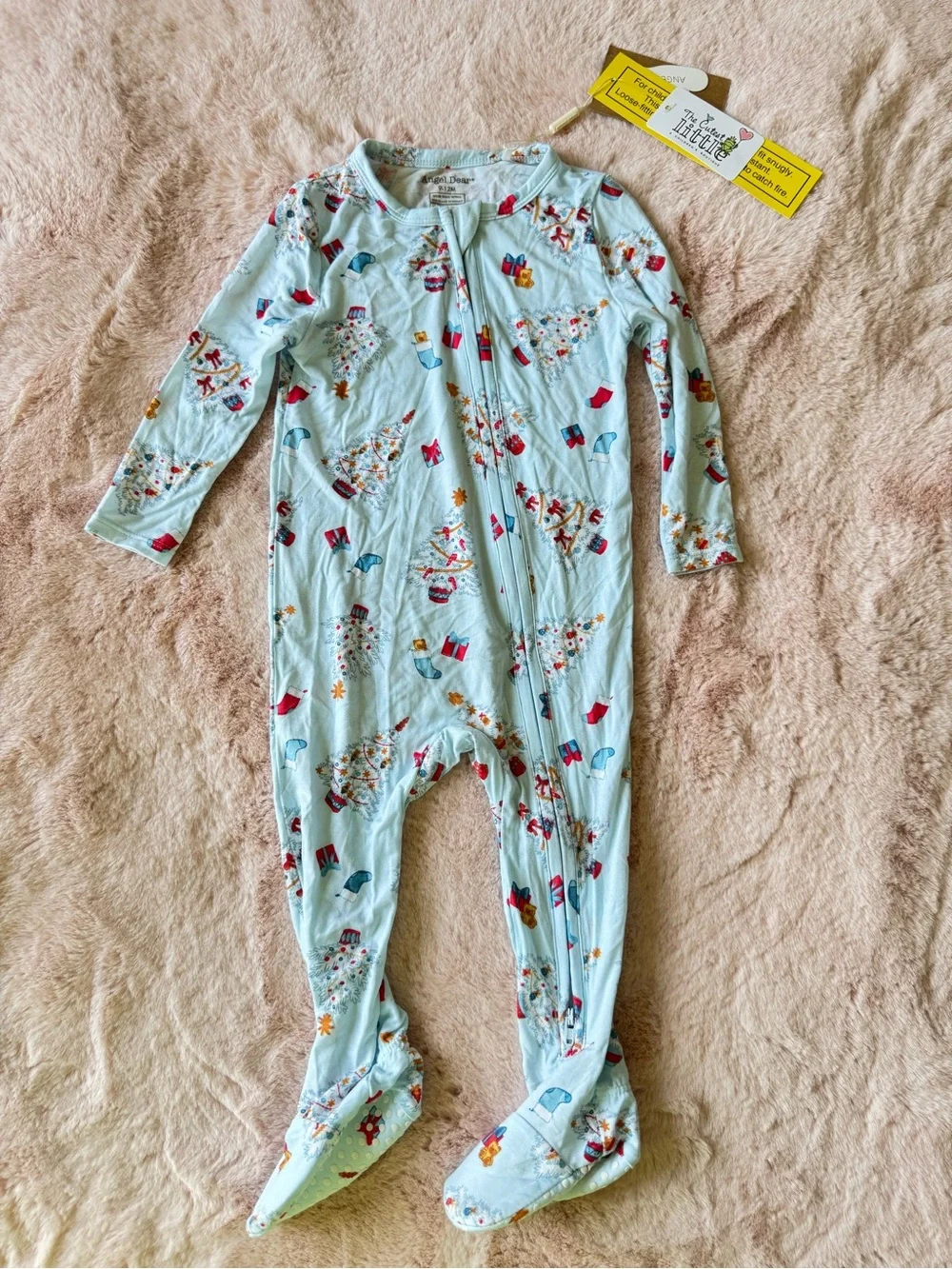 NWT Angel Dear 2-Way Zipper Footie Pajamas Vintage Christmas Trees Size 9-12mo
